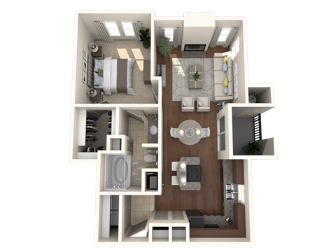 A 3D floor plan of a house showing a kitchen, living room, dining room, and bedrooms.